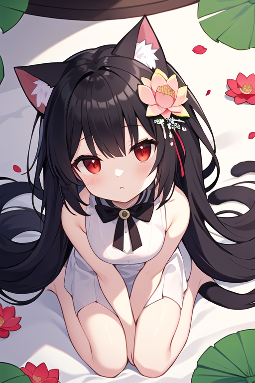 06346-3141631537-illustration, red eyes, black hair, cat ears, hair flower, lotus, wariza, from above, highres, solo focus,, masterpiece, best qu.png